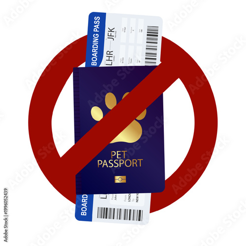 Crossed out Documents for transportation of animals. Pet passport and passing board.  Animal Travel ban concept. Veterinary passport for travel with pets. vector icon