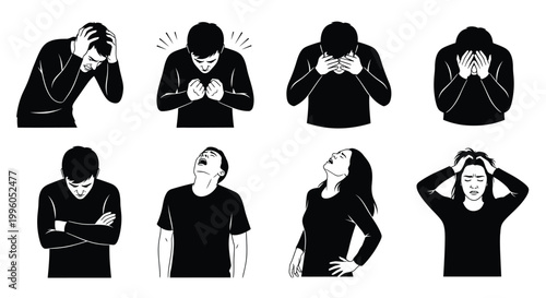 Sad and depressed human silhouettes displaying psychological stress and suffering.