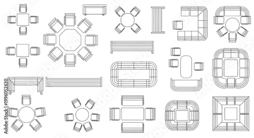 Top View Modular Seating and Dining Furniture CAD Blocks with Sofa Layout Variations and Table Arrangements