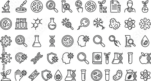 Horizontal black and white line art vector of a laboratory workspace with various chemical flasks beakers and scientific instruments