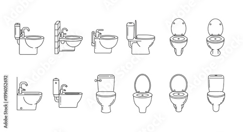 Toilet and Bidet Sanitary Fixture Elevation CAD Block Set with Multiple Views for Bathroom Design and Drafting