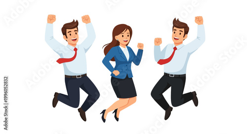 Illustration of three business professionals jumping in the air with joy on a white background