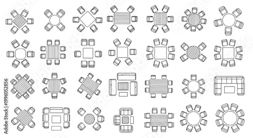 Top View Dining Table and Seating Arrangement CAD Block Collection with Round and Square Layout Variations