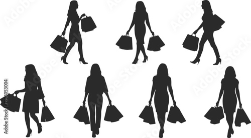 Set of silhouettes of women shopping with bags