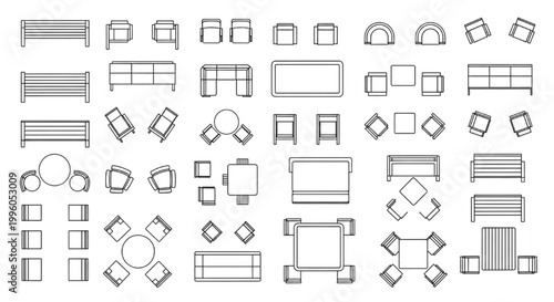 Top View Furniture CAD Blocks Set with Tables, Chairs, Sofas and Benches for Interior Layout Planning