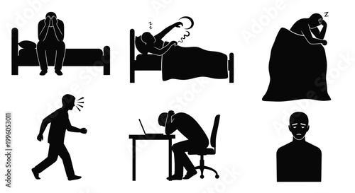 Tired and stressed people silhouettes struggling with insomnia and burnout daily.