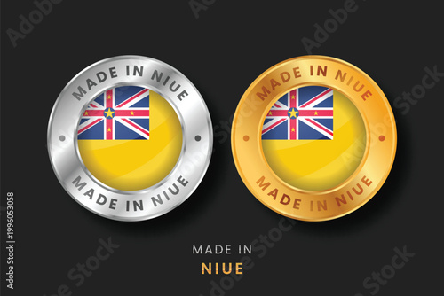 Professional circular gold and silver seals showcasing the Niue flag. Premium emblems for authentic local products, manufacturing origin, and export quality certification