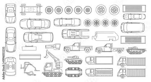 Vehicle CAD Blocks Set with Cars, Trucks, Construction Equipment and Wheels for Plan and Elevation Drawings