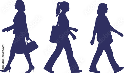 Silhouettes of three business women walking isolated on white background