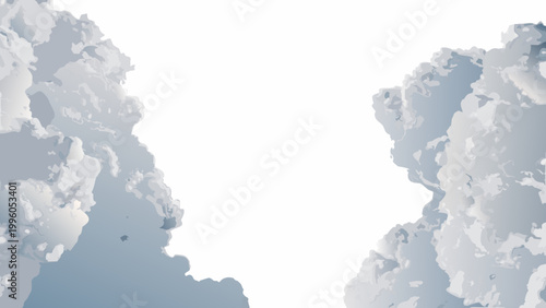 A bright white sky is framed by fluffy textured grey clouds on either side