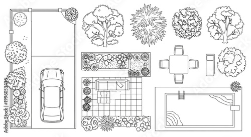 Residential Landscape Plan CAD Blocks with Patio Furniture, Pool Layout, Parking and Planting Elements