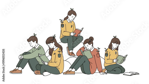 Fotografía Readers' Circle: A group of individuals is immersed in the pages of their books, cultivating a love of learning and discovery