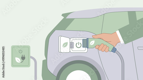 Electric Vehicle Charging: Hand Plugging EV Cable on Pastel Green Background