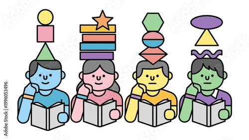 Tableau sur toile Creative Minds Reading: A vibrant illustration showcasing four diverse individuals engrossed in reading, each adorned with a unique stack of colorful shapes atop their heads