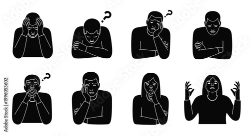 Collection of black silhouettes showing people feeling confusion doubt and worry.