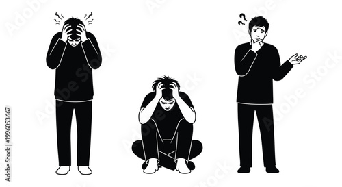 silhouette of pensive and depressed men isolated on transparent background design element.