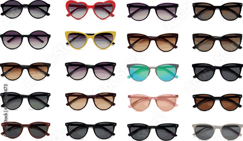 Twenty Fashion Sunglasses Vector Collection with Heart Shape Cat Eye Round Square Frame Styles Colorful Trendy Eyewear