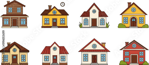 House Icon Set with Various Home Designs, Architecture Styles, Windows, and Doors for Residential, Real Estate, and Property Graphics