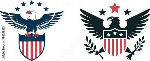 Two American eagle emblems with stars and stripes vector, patriotic badge set for USA national symbol, freedom theme, military style insignia and emblem design elements.