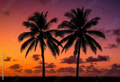 Silhouette of two palm trees against vibrant orange and purple tropical sunset