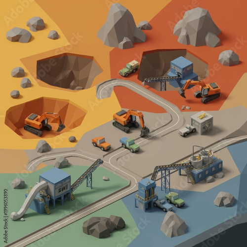 Construction vehicles and industrial mining site illustration.