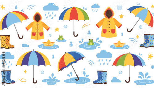 Umbrella colorful vector illustrations with raincoat and boots on white background