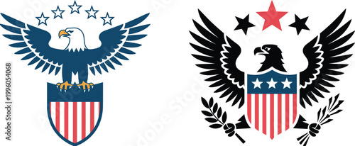 Two American eagle emblems with stars and stripes vector, patriotic badge set for USA national symbol, freedom theme, military style insignia and emblem design elements.