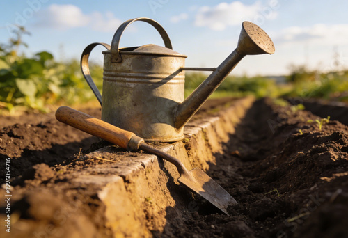 Vintage watering can and trowel on plowed garden soil for planting