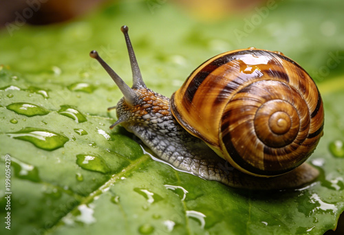Snail on a wet green leaf with water droplets in nature closeup