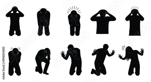 Set of black silhouettes showing people suffering from stress and migraine attacks.