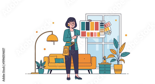 Interior designer showing color palette in a modern living room with sofa and window