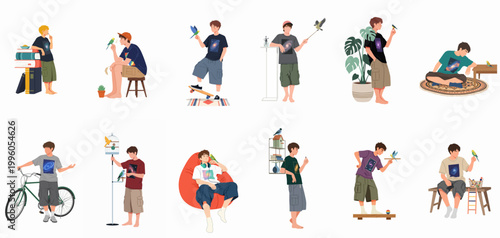 Vector collection of a young man interacting with his pet bird in various daily activities, poses, and casual indoor home environments.
