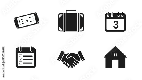 Train Tickets, Suitcases, and Family Reunion Silhouettes in Monochrome Design