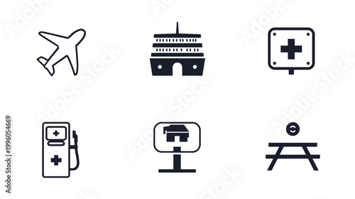 Monochrome Silhouettes of Family House, Train Ticket, Suitcase, Calendar Mark, and Reunion Handshake