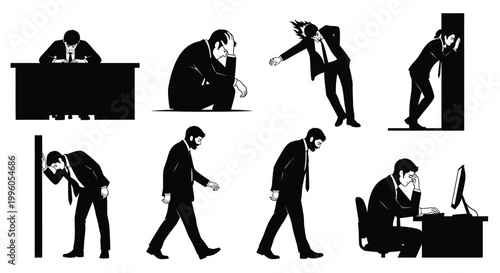 Set of male office workers in suits feeling stress and burnout at the workplace.