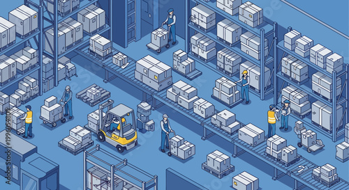Isometric warehouse interior with workers, forklifts, and conveyor belts, logistics and delivery concept