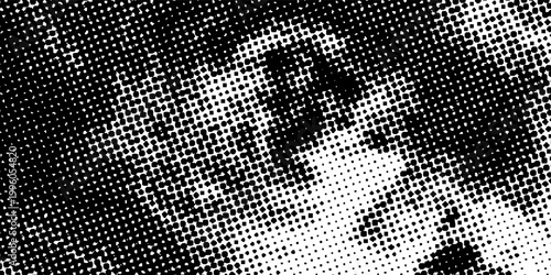 Abstract black and white halftone texture with dense dotted pattern and grunge dispersion effect, modern vector background for bold print, digital, and creative projects