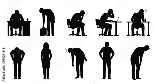Various poses of office employees feeling stress or fatigue while working at desk.