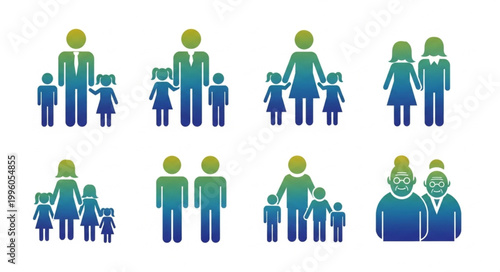 Diverse Family Unit Icons Representing Different Generations and Structures.