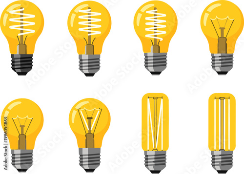 Light Bulb Icons Set with Different Filament Designs, Bulb Types, and Vintage Lighting Illustrations for Energy, Home, and Electrical Graphics