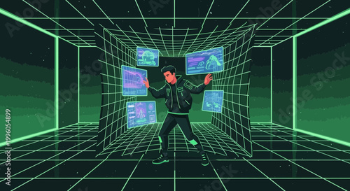 Man Interacting with Futuristic Digital Interface in Virtual Reality Grid