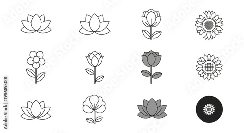 Collection of stylized floral icons and illustrations.