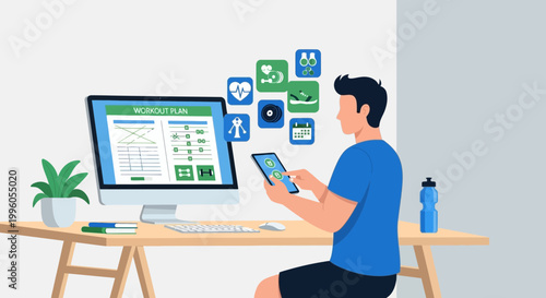 Man planning workout on computer and phone, fitness app icons floating