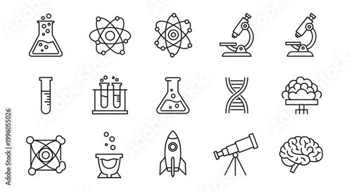 Collection of science and research icons in a simple line art style.