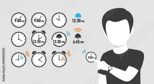Man pointing at watch with multiple alarm clocks showing different times, time management concept