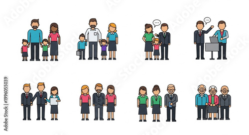 Diverse Pixel Art Families and Groups Representing Different Generations.