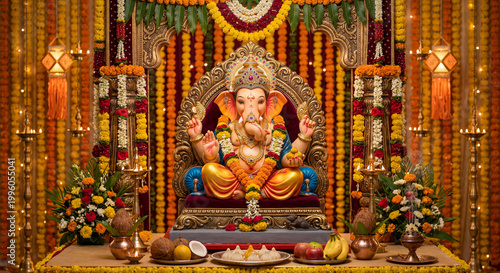 Lord Ganesha Idol Decoration for Ganesh Chaturthi Festival with Flowers and Lights