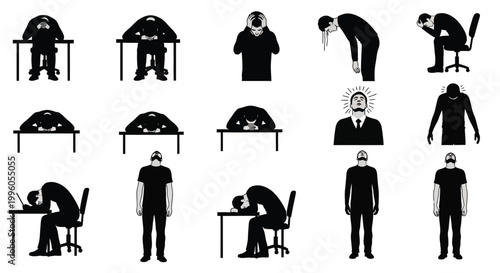 Professional silhouettes set demonstrating various sitting and standing work poses.