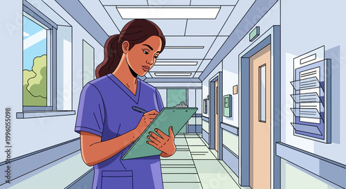 Nurse in Uniform Writing on Clipboard in Hospital Corridor