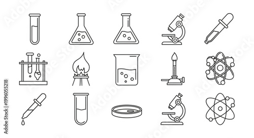 Collection of scientific laboratory equipment icons in a simple line drawing style.